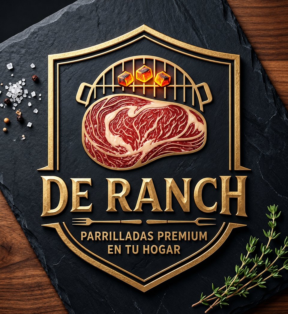 Logotipo de De Ranch: escudo dorado con un corte de carne sobre la parrilla, presentado en una tabla de pizarra